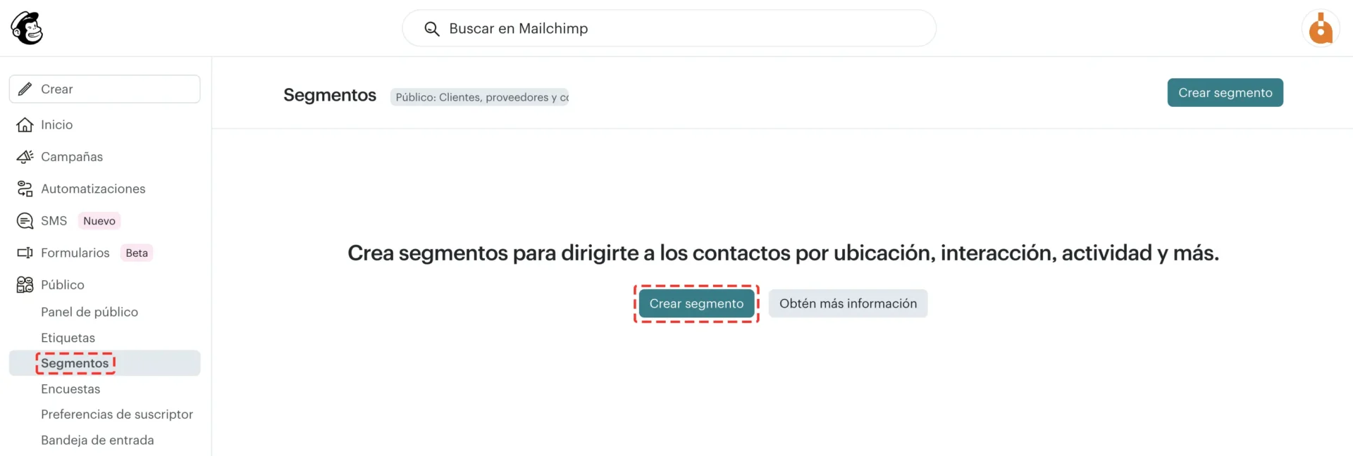Crear segmento en Mailchimp