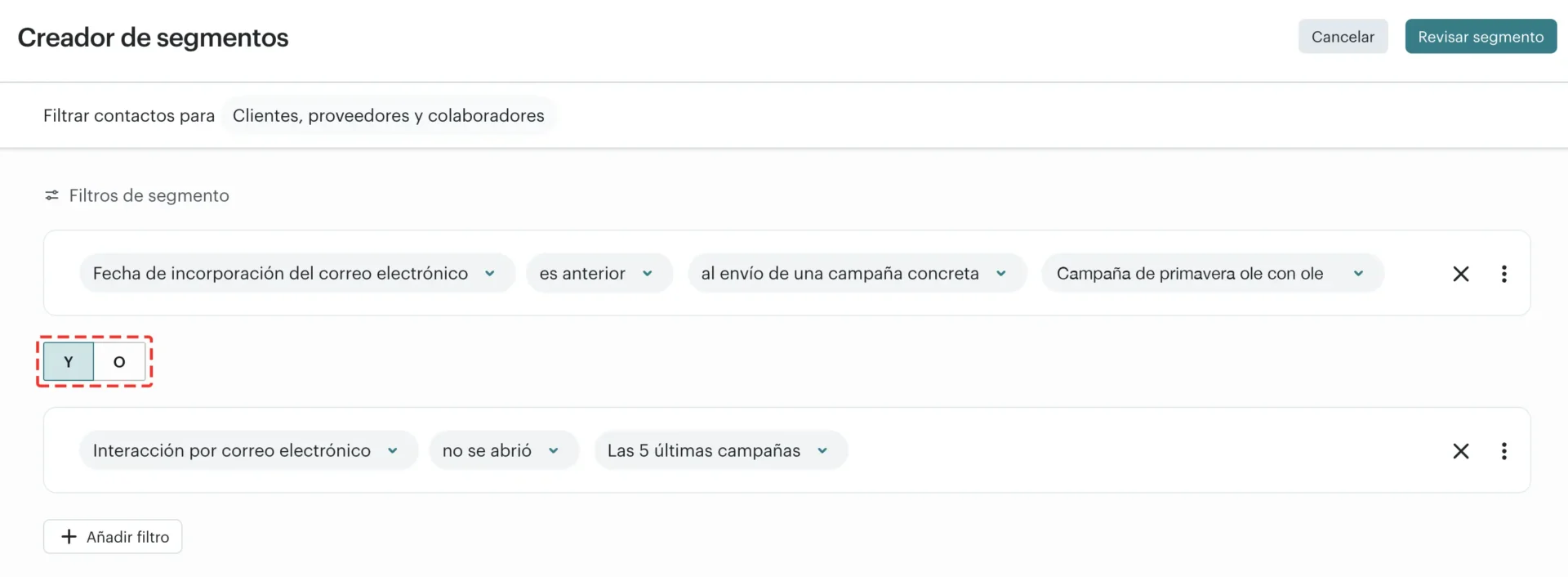 Filtros de segmentos en Mailchimp